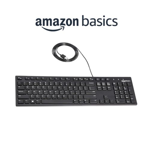 Amazon Basics wired USB full-size keyboard with numeric keypad for office and home use